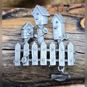 🐦 Spoont Pewter Brooch w/ Birdhouses & Free-swinging Bird (Articulated) #4189
